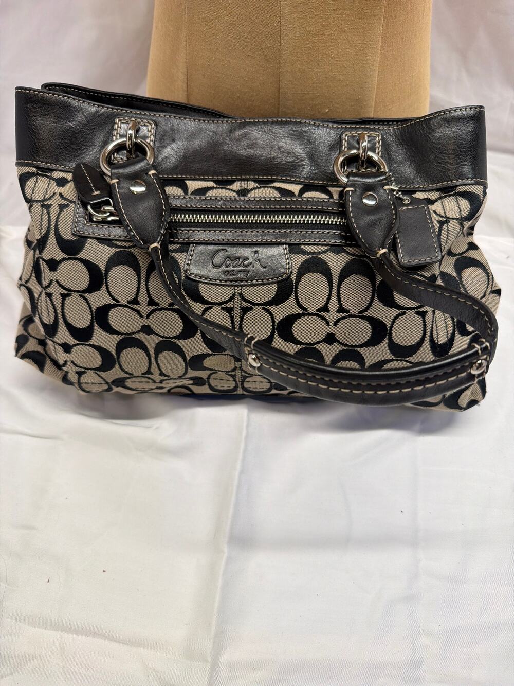 Coach Vintage Black Signature C Canvas Satchel Shoulder Bag - Purple Satin Inner